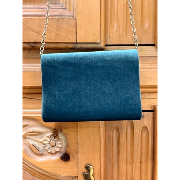 The Limited Blue Teal Velvet Bow Shoulder Purse Bag Dress Party Gold Chain Strap - Picture 4 of 6